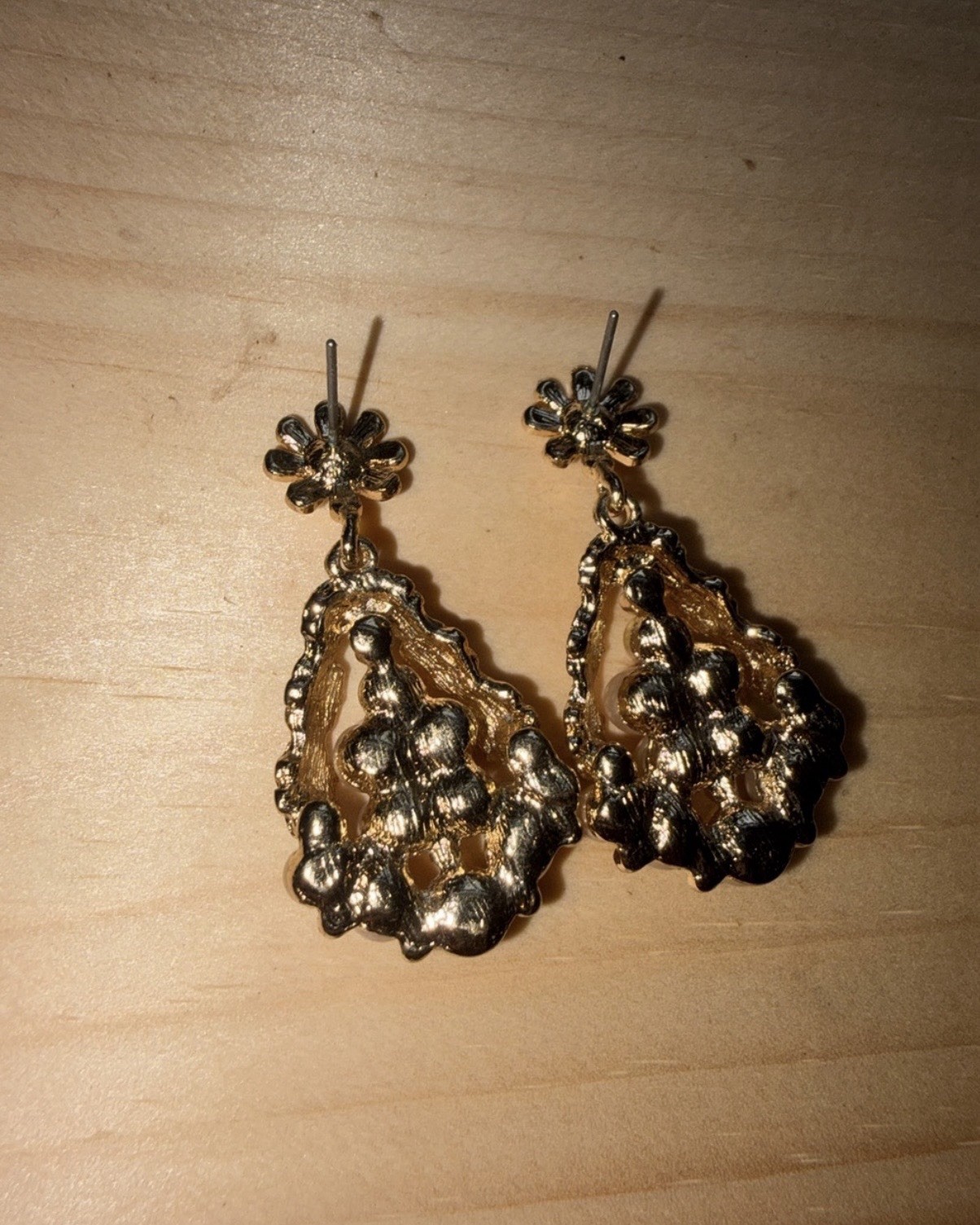 Vintage Faux Pearl Chandelier Dangle Earrings Gold Tone with Floral Post