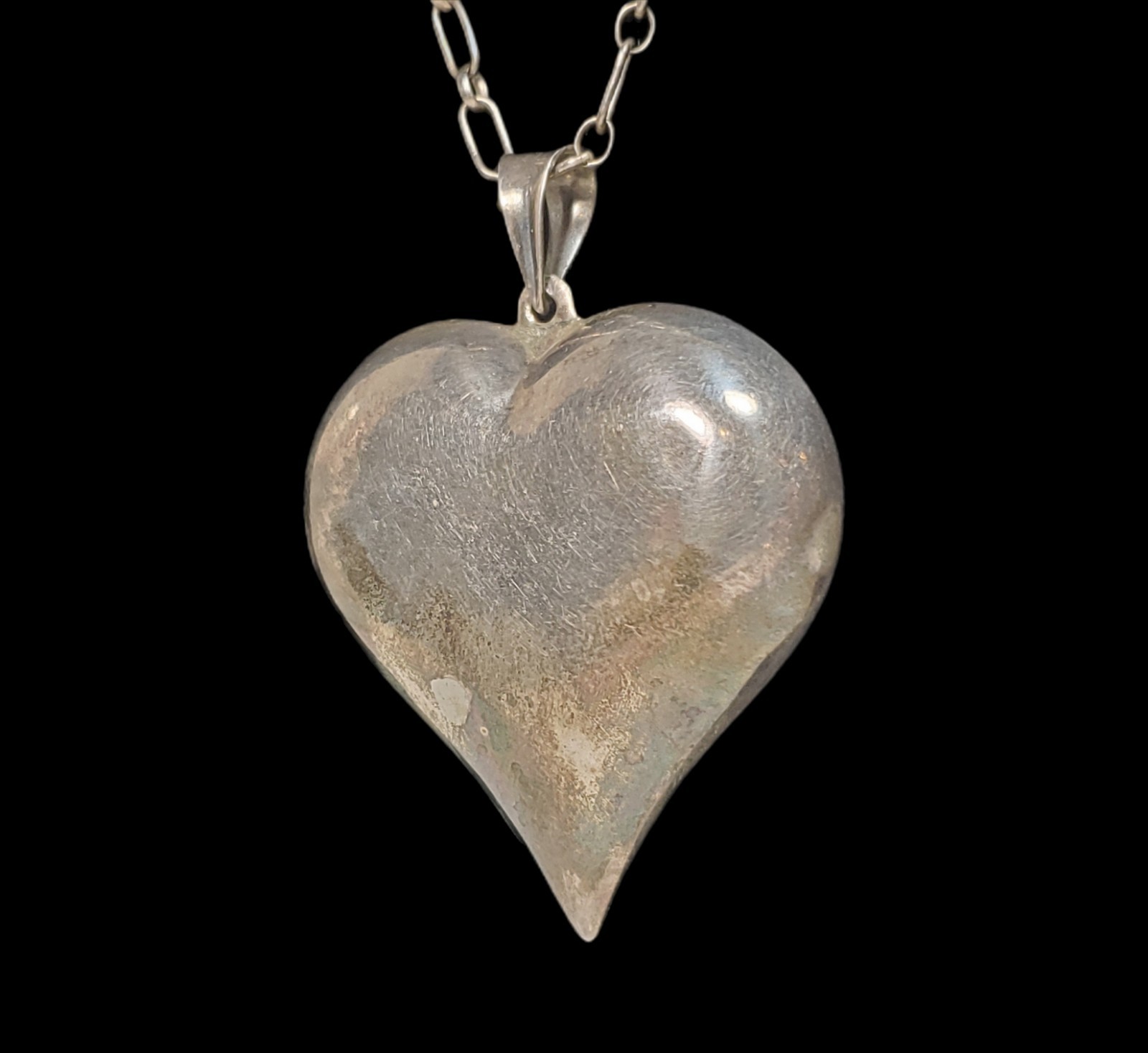 Vtg Sterling Silver 1¾” Puff Heart Necklace W/ Oval Chain Link Overhead Patina