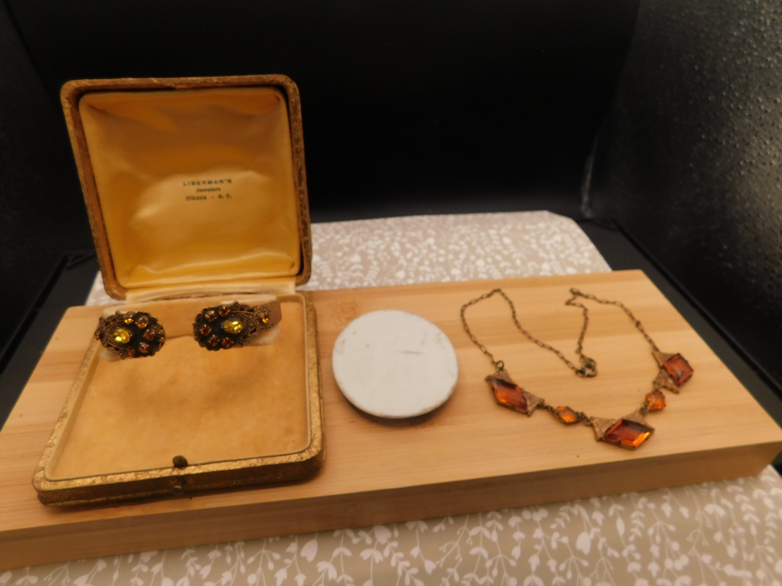 ART Deco jewelry lot Ornate bracelet Brass & glass topaz color necklace Portrait