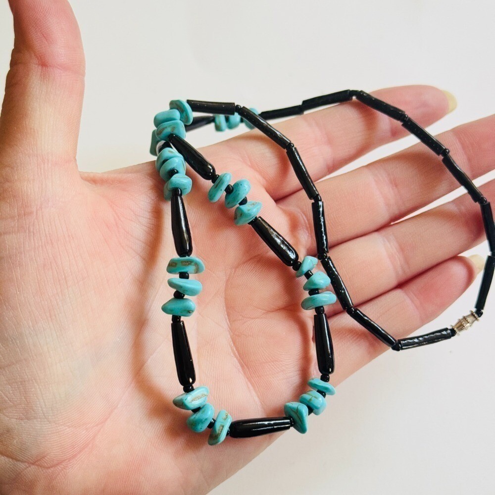 Black Coral VTG Necklace turquoise Beads Collar Natural Hawaii Souvenir 20″