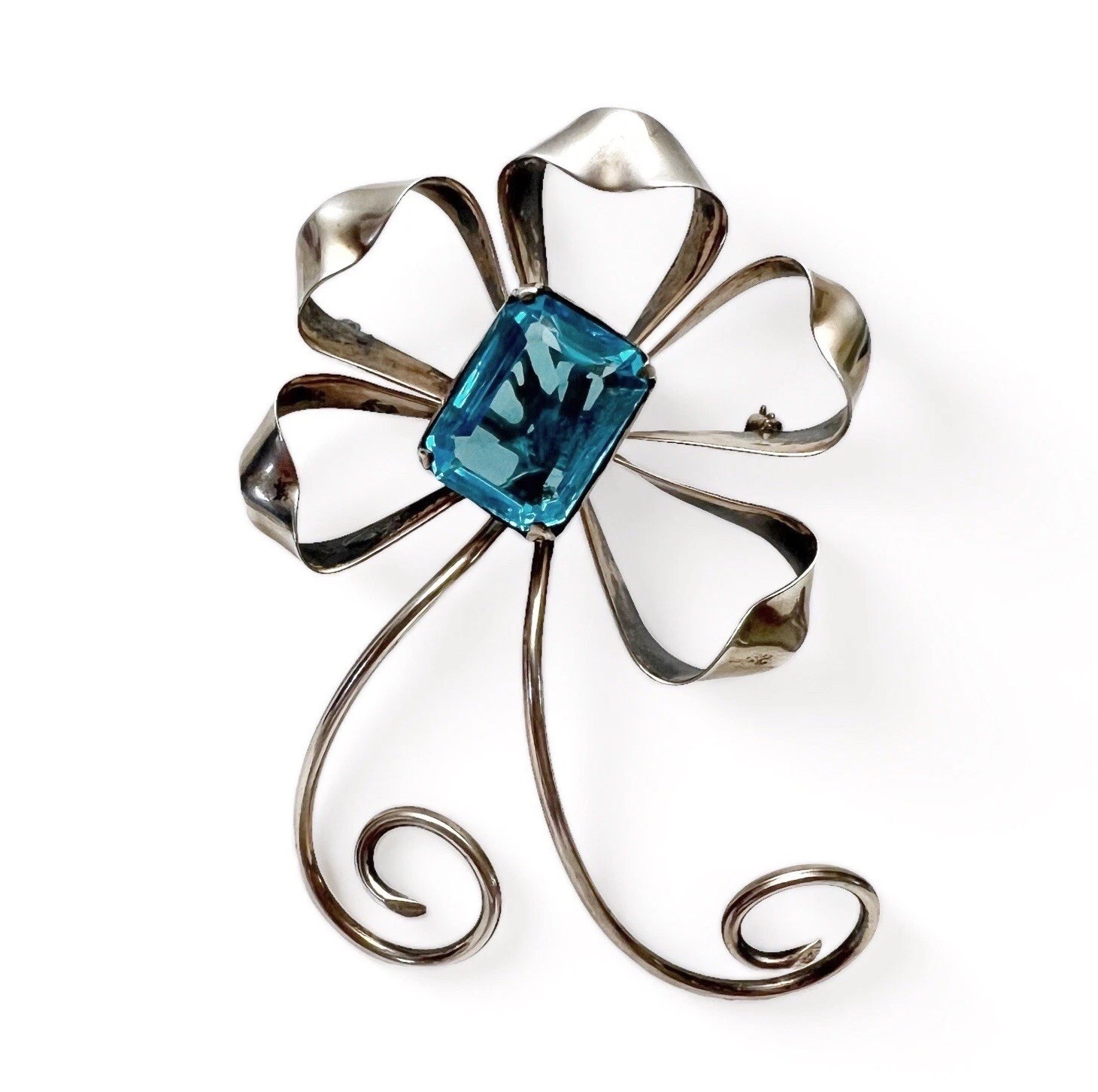 Vintage Sterling Silver Aqua Glass Large Scroll Swirl Ribbon Brooch Pin