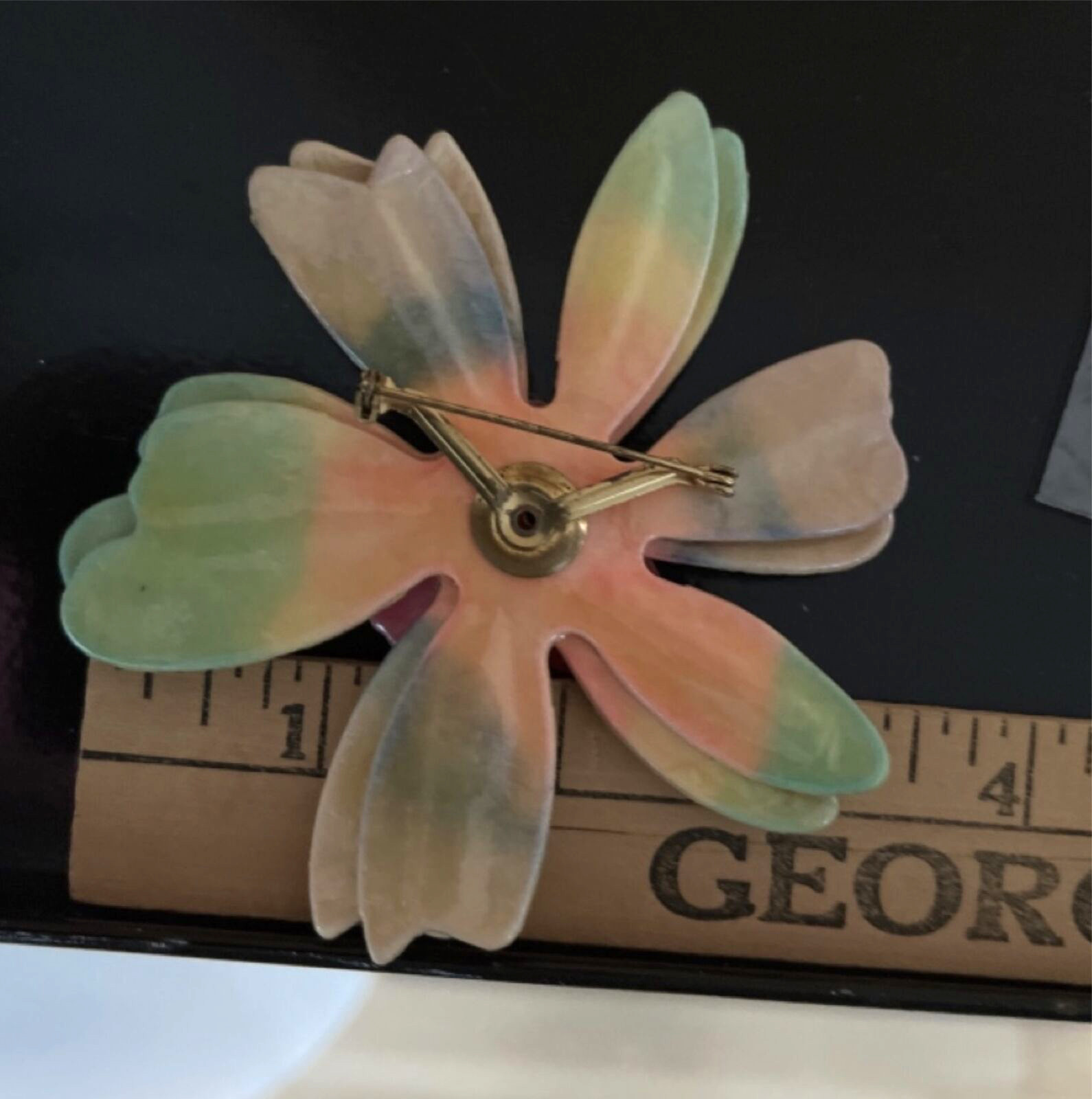 Vintage Large Enamel Flower Pin – lightweight not metal – papier mache? resin?