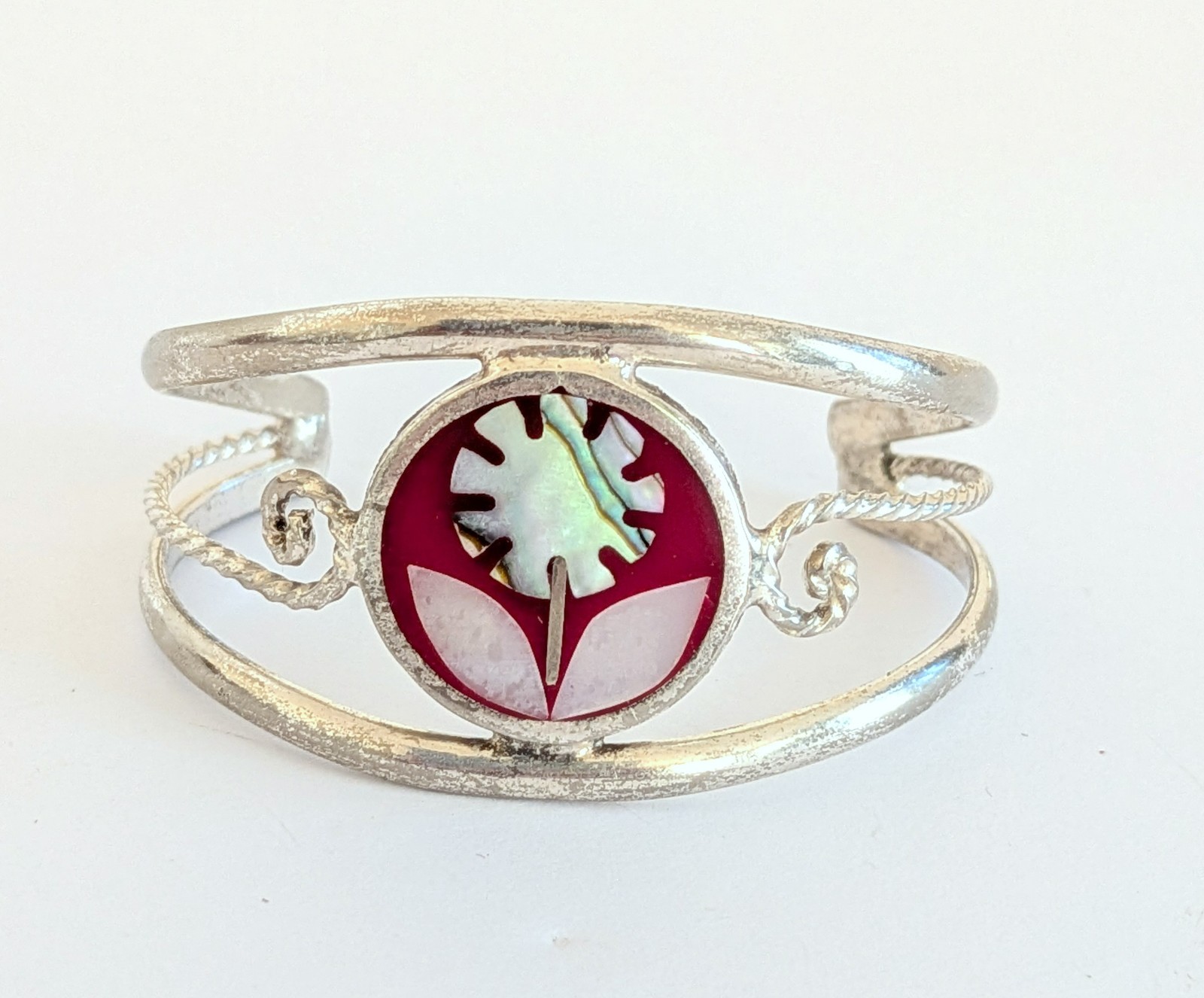 Sweet Alpaca Mexico MOP Inlaid Pink Enamel Childs Silver Cuff Bracelet