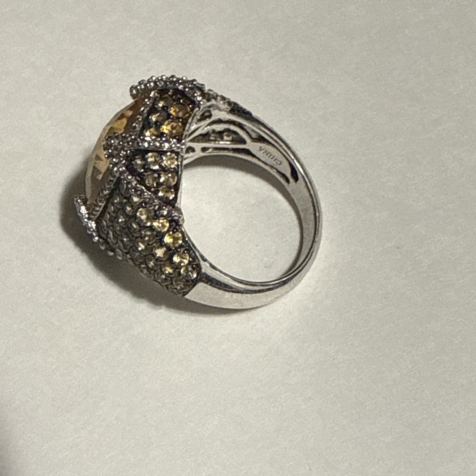 Fabulous 925 Silver Ring Size 7 Ring Beautiful faceted Citrine Stone w/ CZ 7.5g