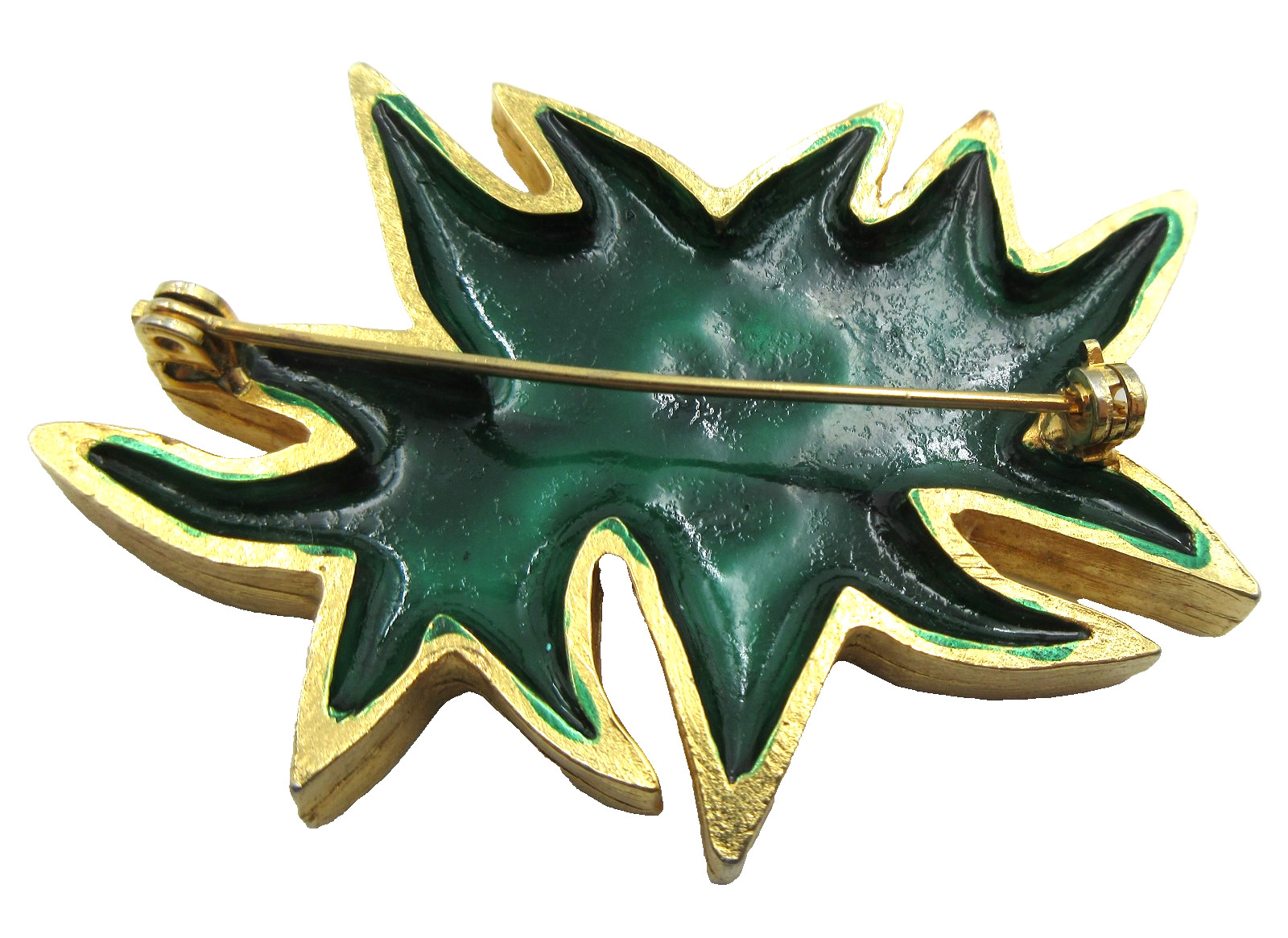 VTG 2 3/8″ GREEN GLASS LEAF THICK Brooch Pin gold tone Fashion Costume jewelry