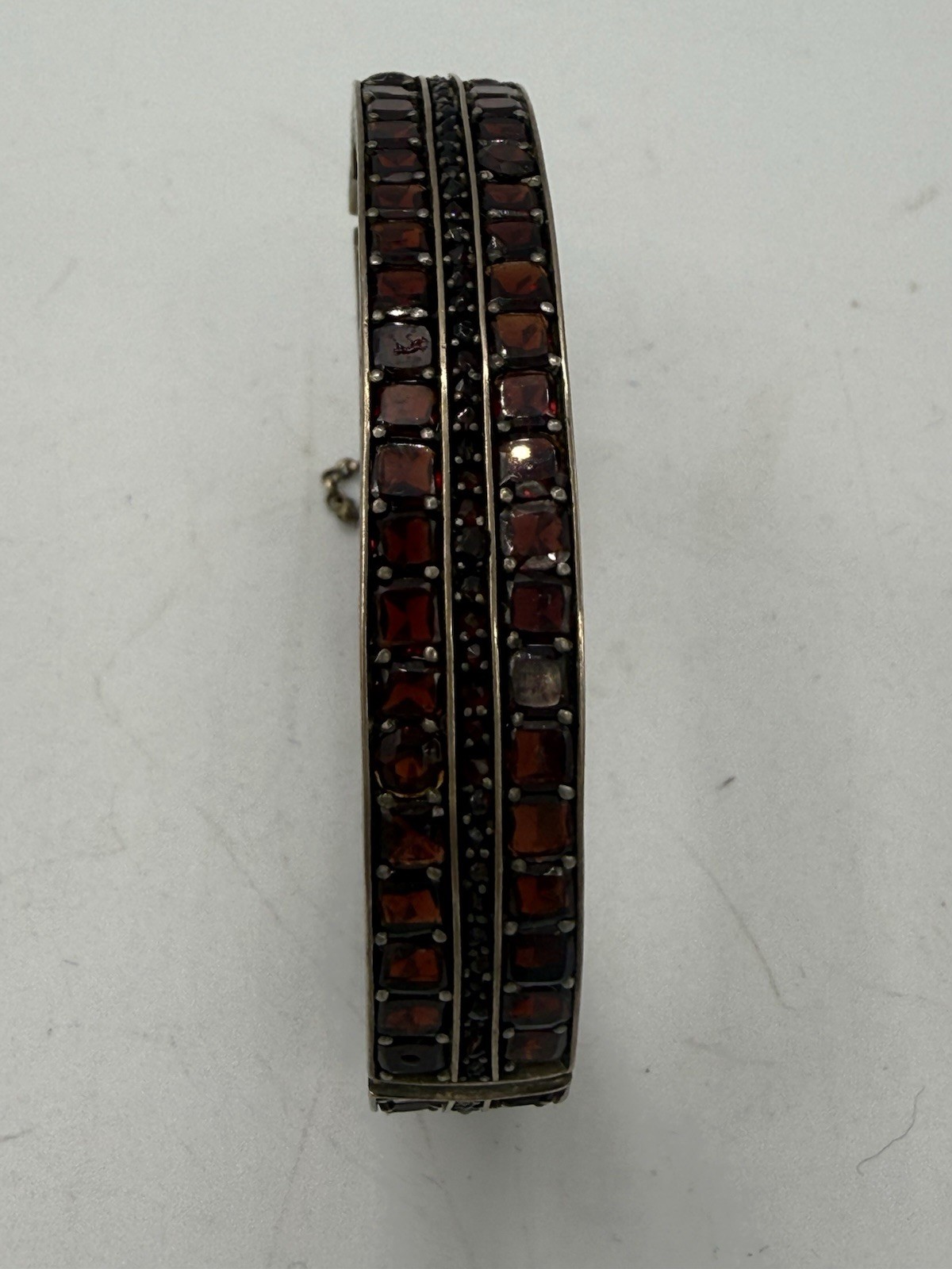 Antique Victorian Bohemian 3 Row Garnet Bangle Bracelet Silvertone
