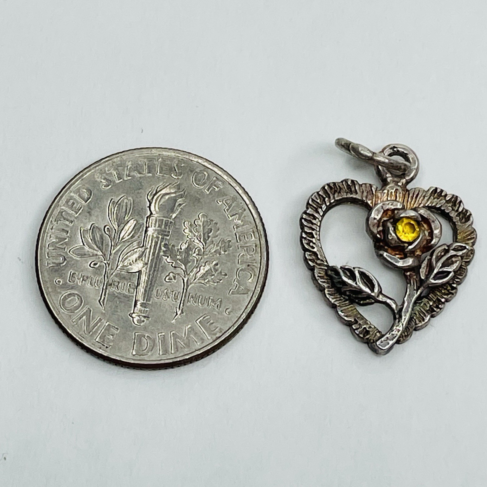 925 Sterling Silver Heart Charm Pendant Flower Yellow Rhinestone Mixed Metals