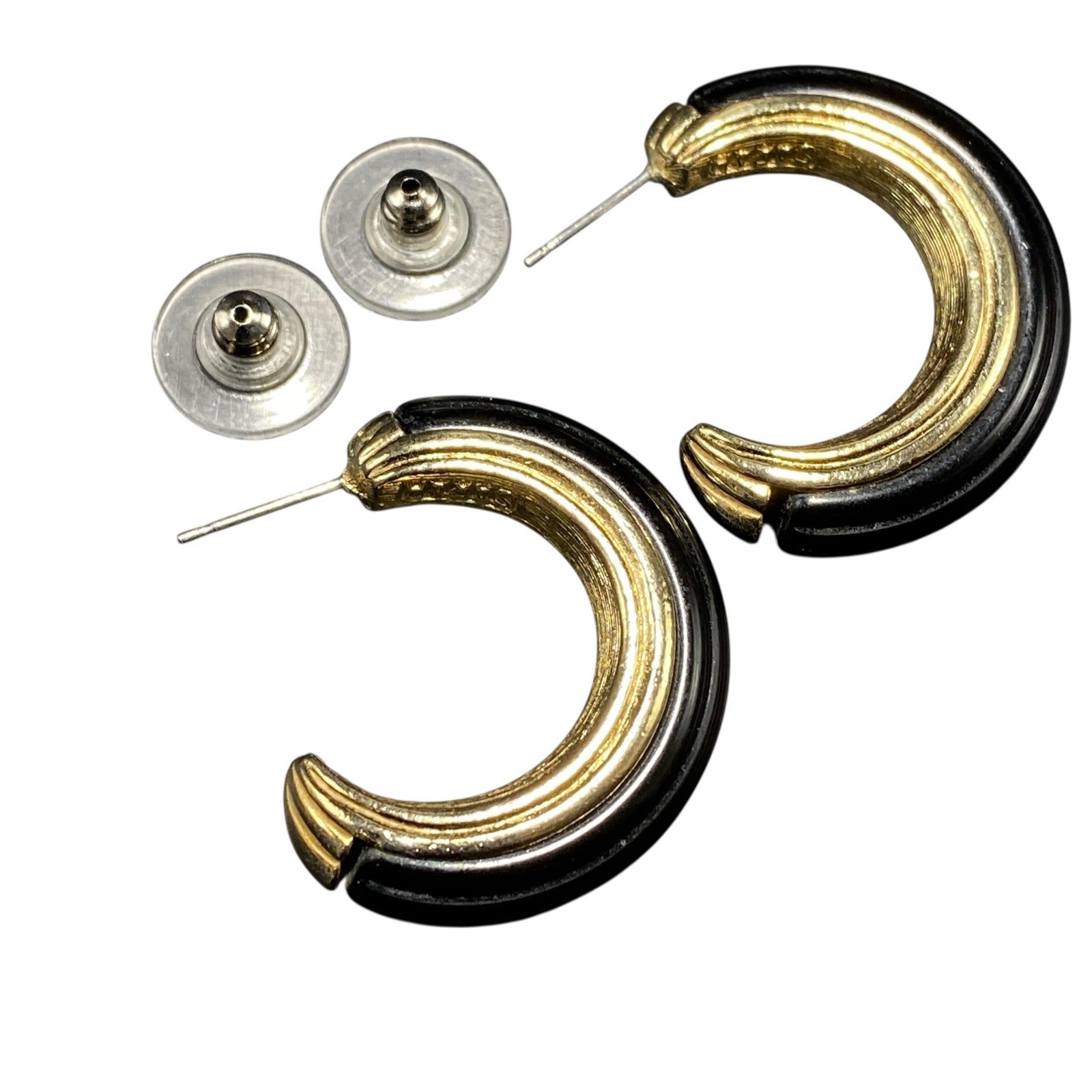 Vintage Sarah Coventry Black and Goldtone Earrings About 1-1/8″ Across