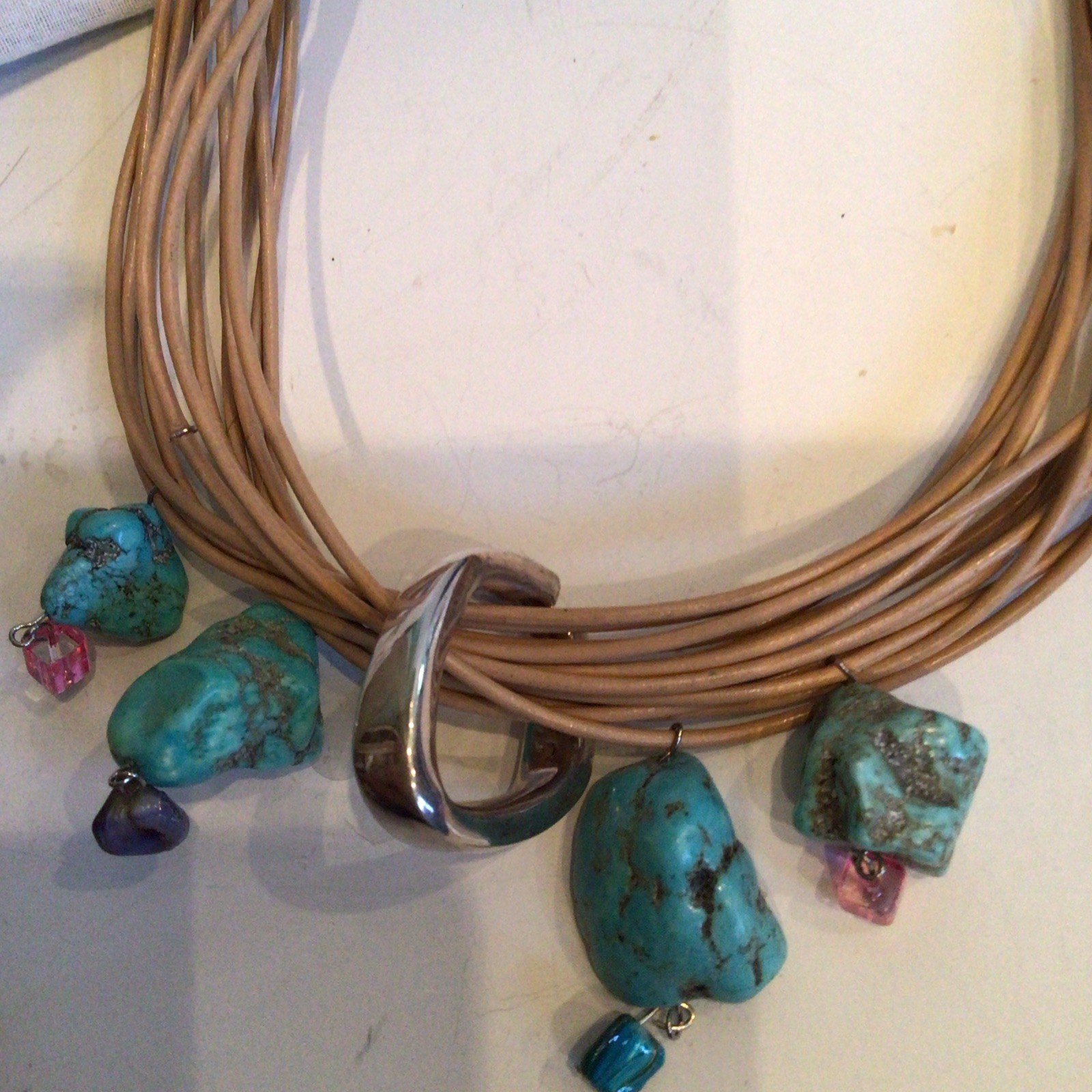 SPECIAL SEBBAG VON MUSULIN NECKLACE STERLING TURQUOISE LEATHER W PENDANT,EXTEND