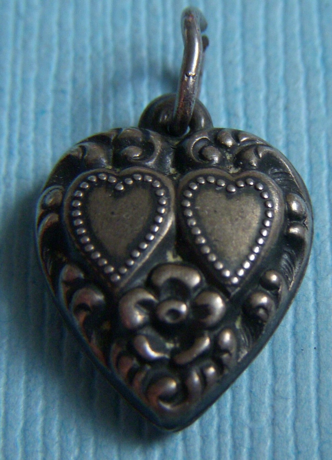 Vintage two hearts and flower puffy heart sterling charm