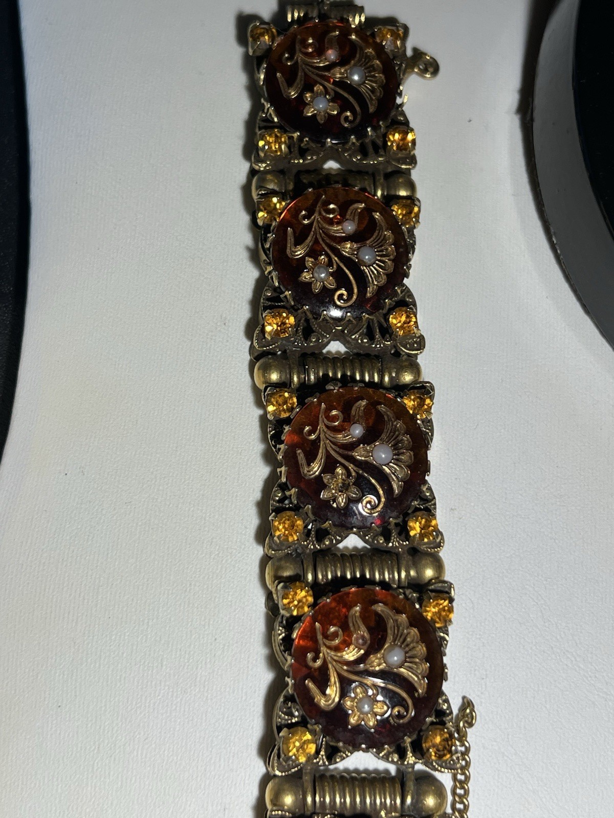 Vintage Chunky Brass Amber & Pearl Lucite Panel Bracelet Size 6.25