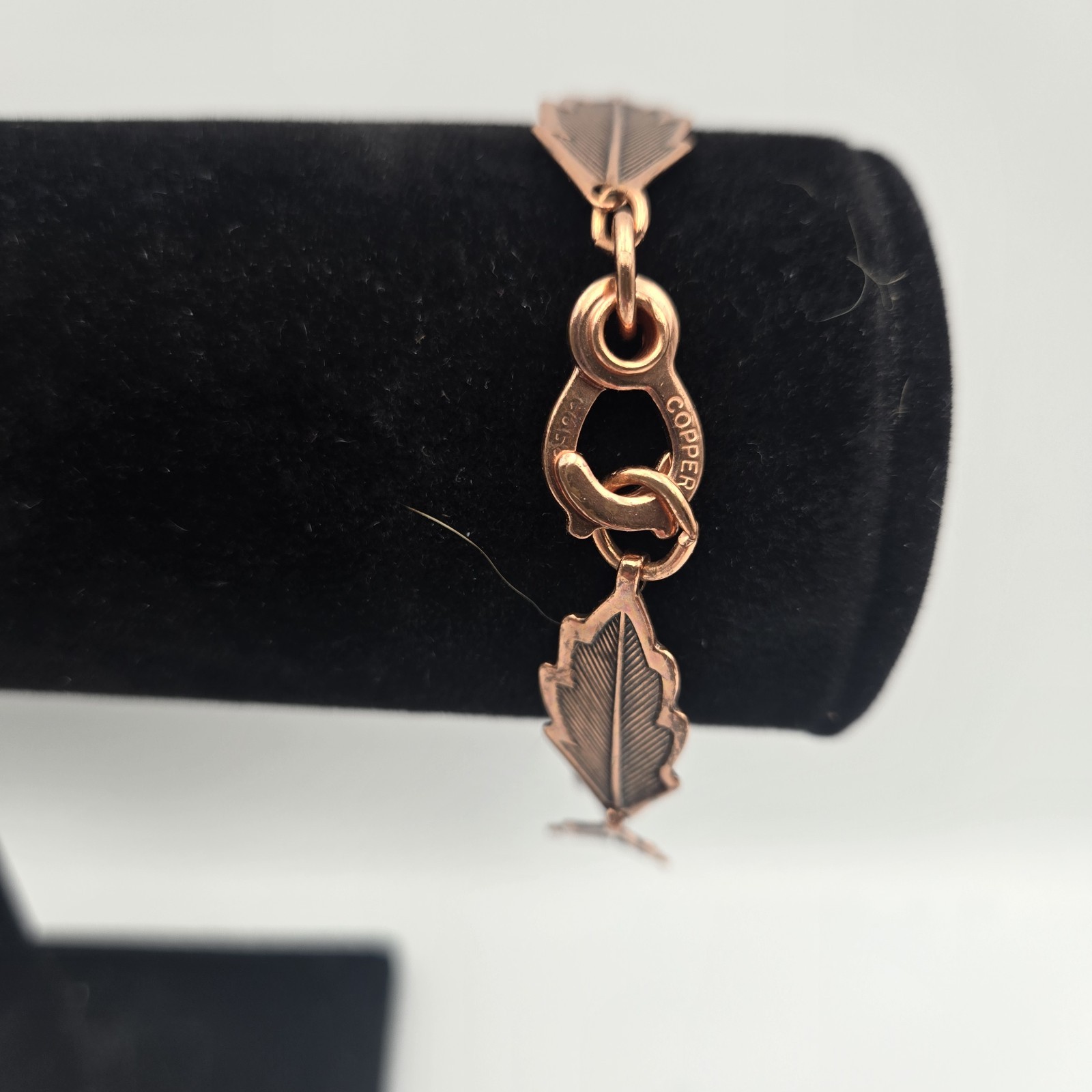 Vintage Copper Bracelet Etched Leaf Link Sister Hook Mid Century Modern MCM 8”