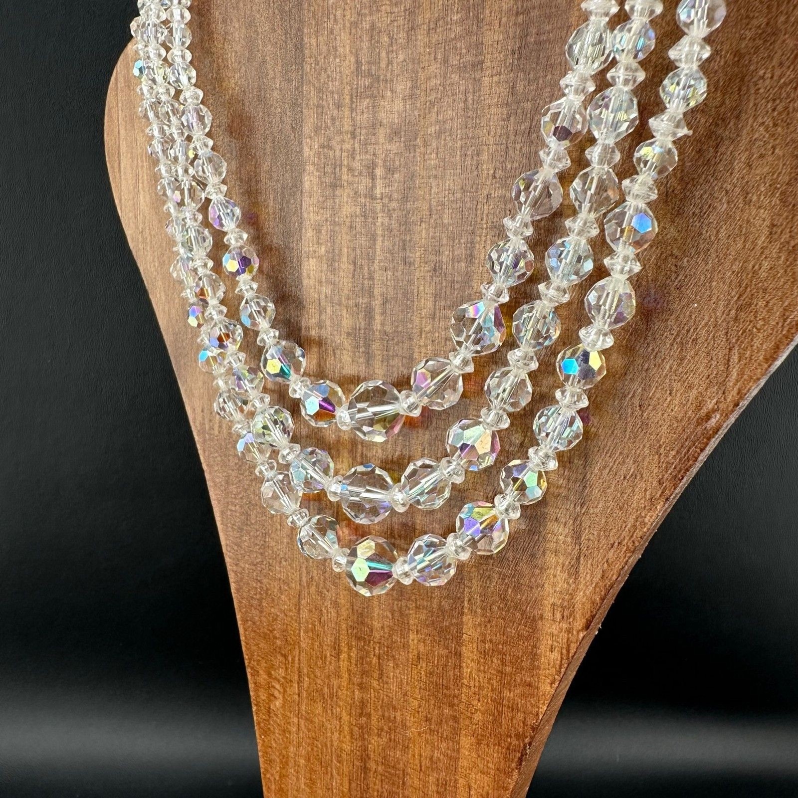 Vintage Aurora Borealis Necklace Crystal Faceted Three Strand Adjustable Hook