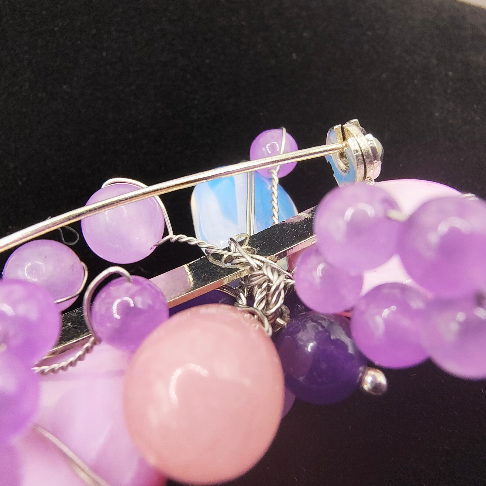 Chunky Purple Art Glass Brooch Pin Silver Tone Glass Beads Cluster Wire Abstract