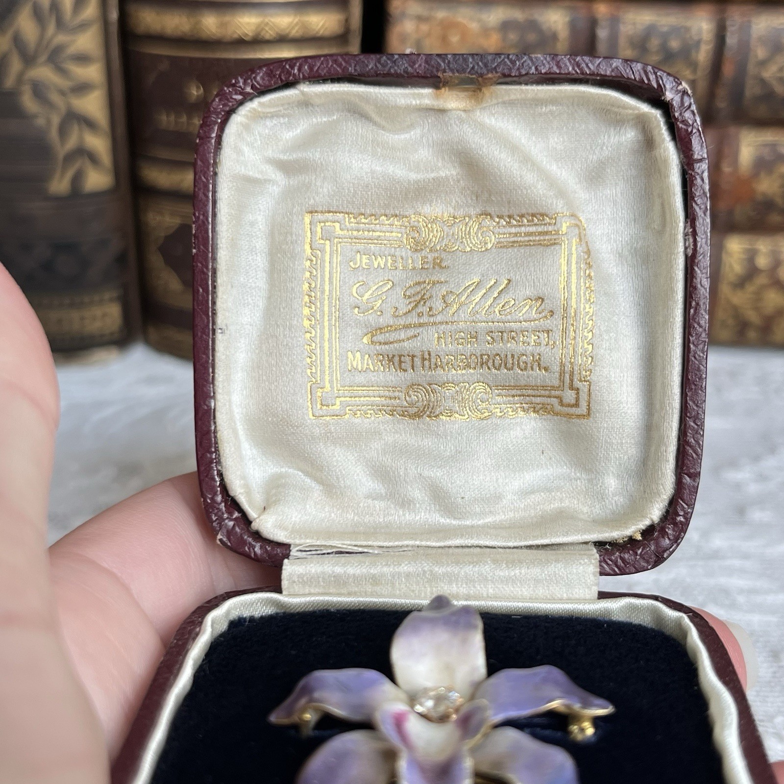 Antique Art Nouveau 14k Purple Enamel Diamond Orchid Brooch Pendant Original Box