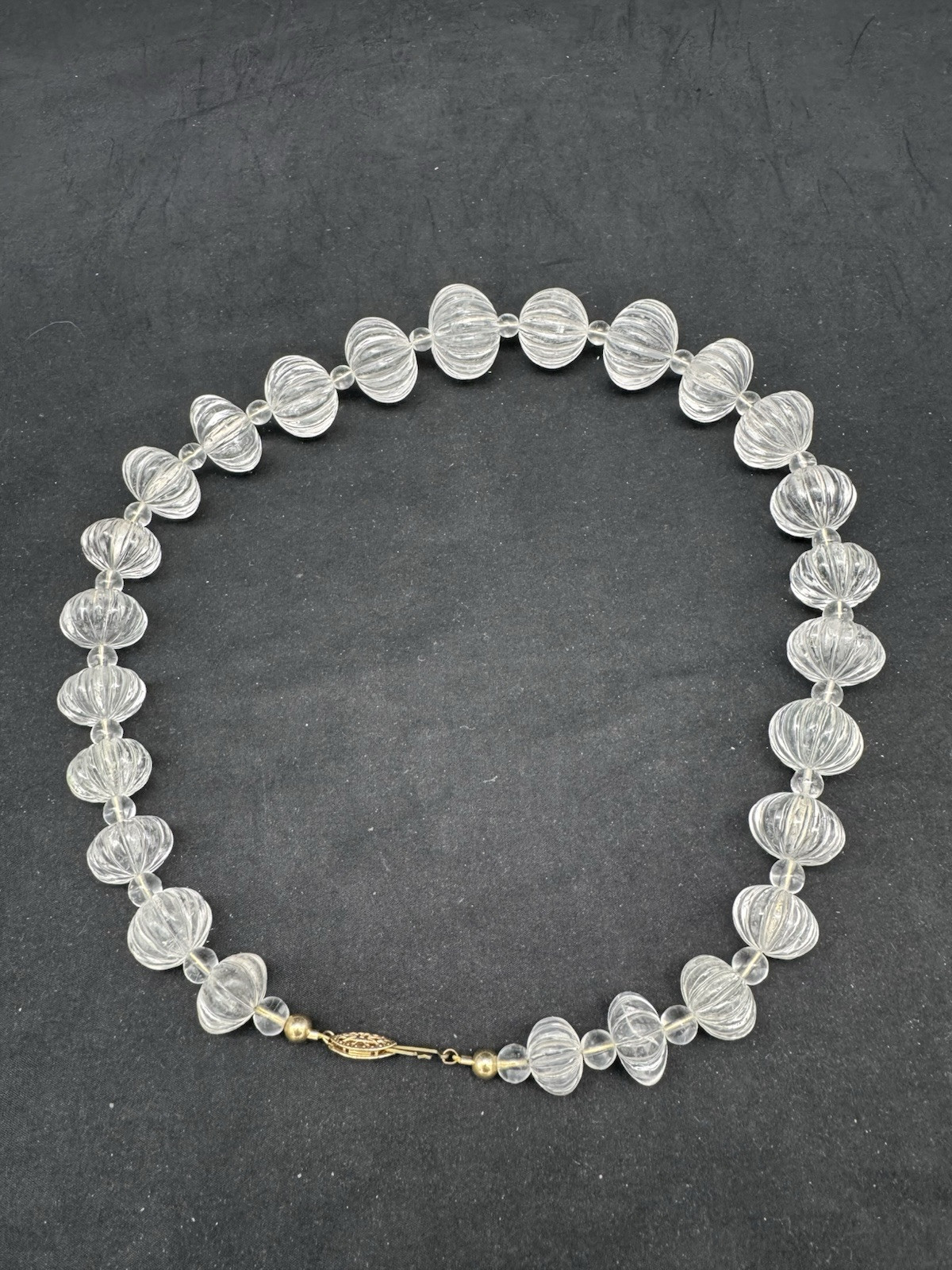 Vintage Hand Carved Rock Crystal MELON BEAD Necklace, 169 grams, 20″