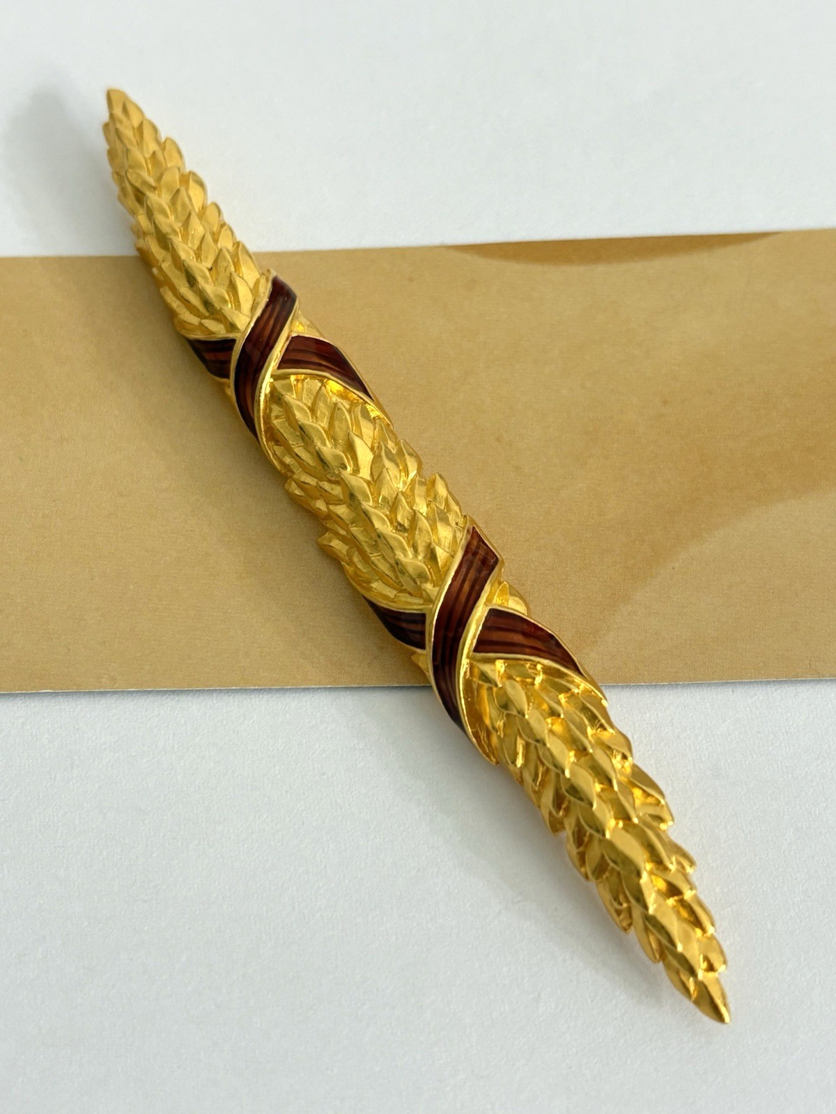 Vintage Karl Lagerfeld Wheat Brooch Brushed Matte Gold Tone Finish Red Enamel