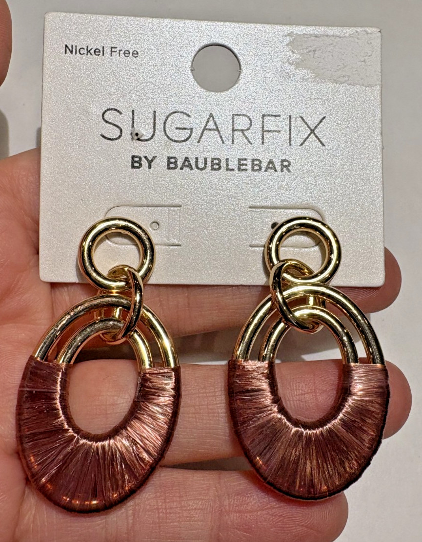 NWT Sugarfix by Baublebar Brown Wrap Dangle Gold tone Hoop Stud Earrings