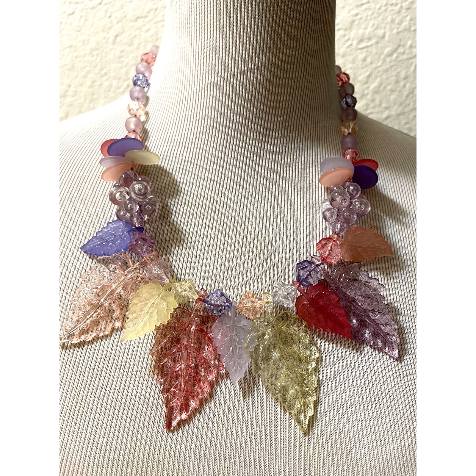 1980s Vintage Acrylic Crystal Colorful Leaf & Fruit Necklace & Earrings Suite