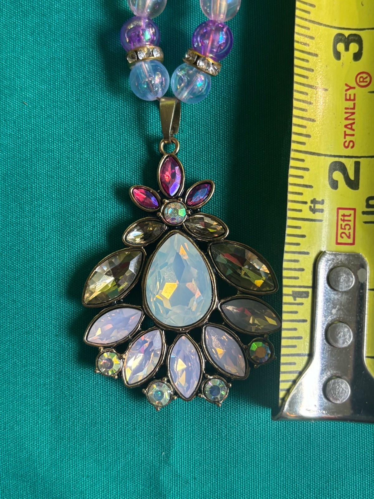 Statement Necklace Large Pendant Pink Purple White Clear Iridescent 26”