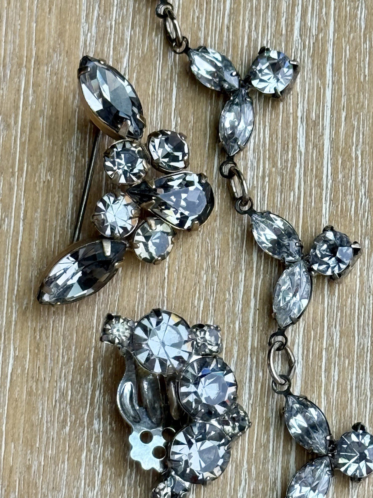 Vintage Designer Jewelry Lot Smoky Grey Rhinestone Necklace Brooch Earrings. A