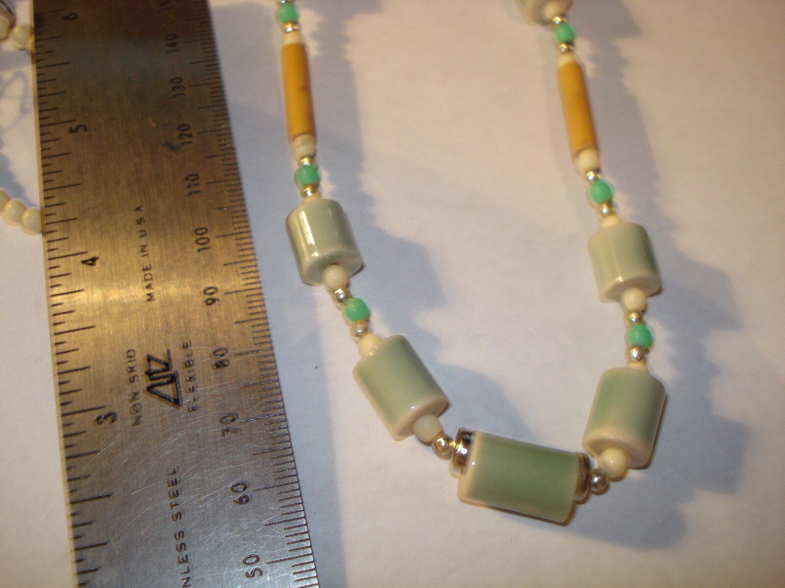 Vintage Lite Green Ceramic n Wood Beads Necklace Taiwan Never Worn! 30″