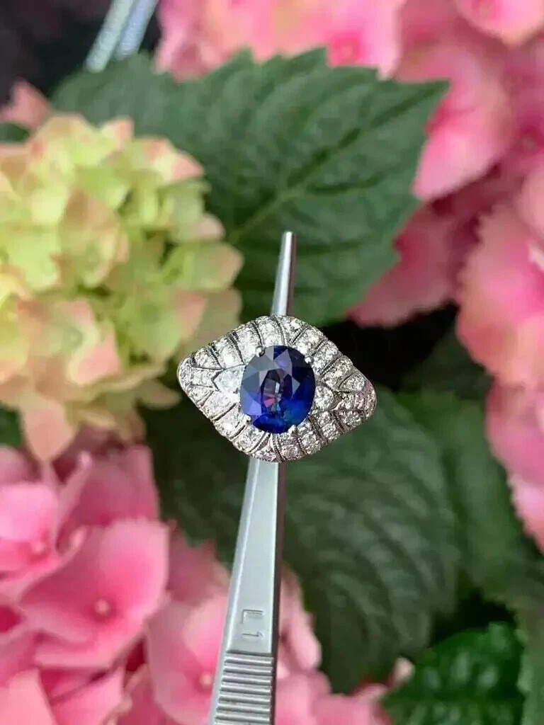 Art Deco Style Lab Created Sapphire Diamond 14k White Gold Finish Wedding Ring