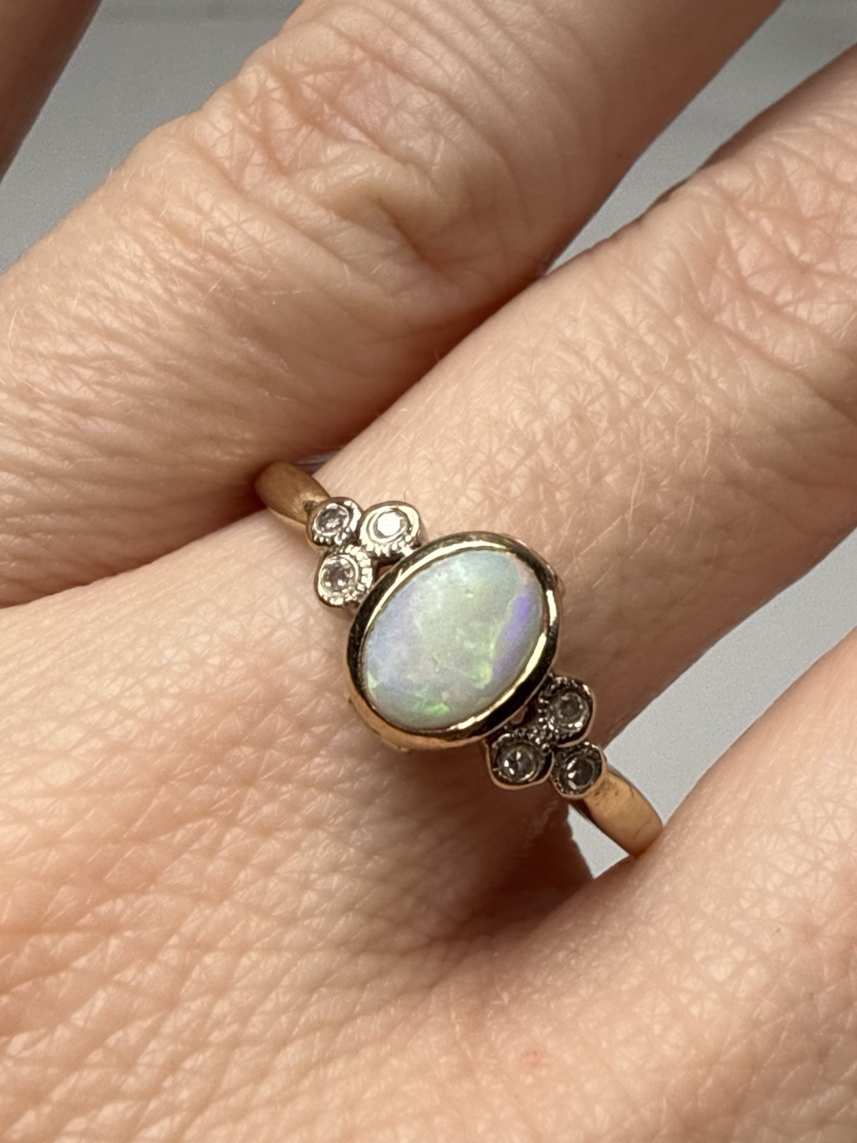 Vintage 10k Gold Opal Oval Cabochon Ring Diamonds Ruby Size 8.75