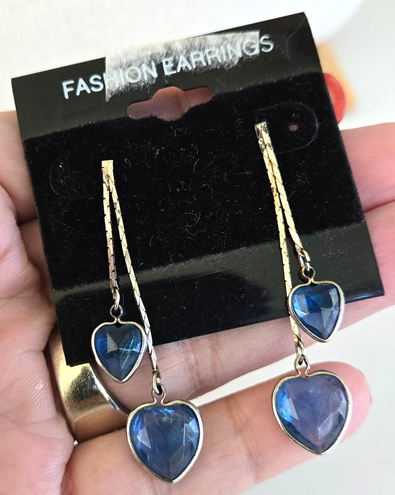 Vintage Blue Acrylic Crystal Heart Open Bezel Silver Tone Pierced Earrings 2″