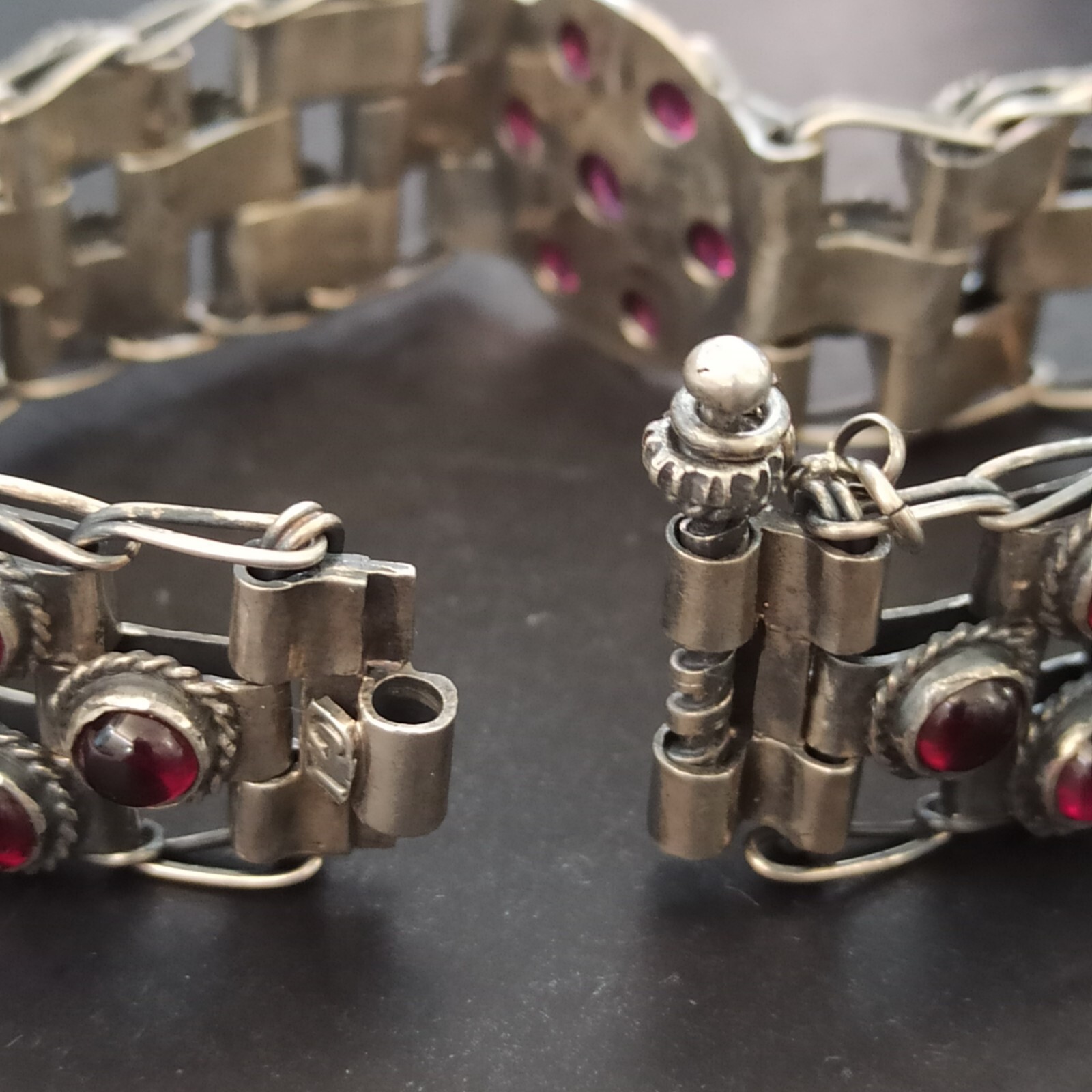Vintage Garnet Bracelet 925 Silver Wide Statement Artisan GI OOAK Ethnic Boho