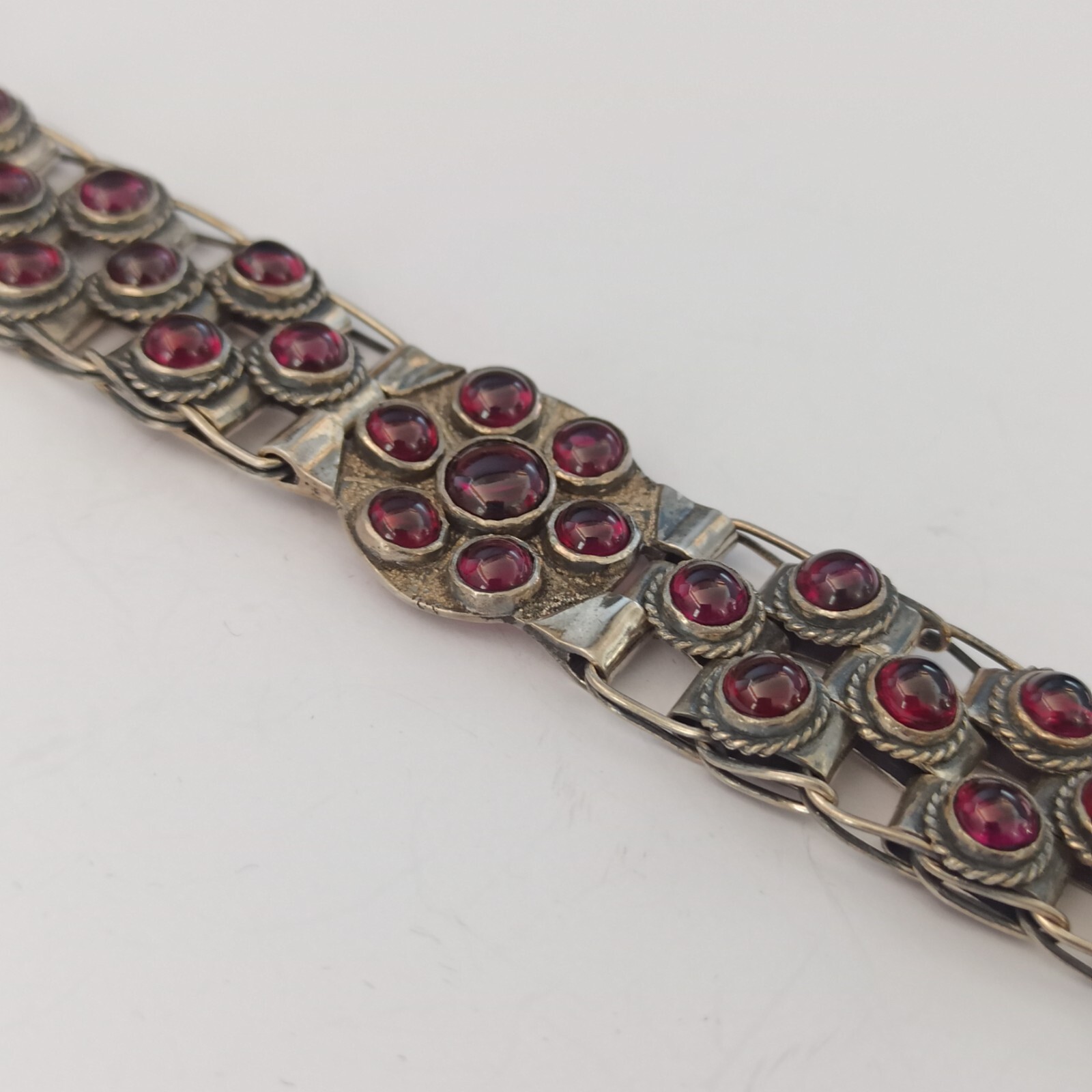 Vintage Garnet Bracelet 925 Silver Wide Statement Artisan GI OOAK Ethnic Boho