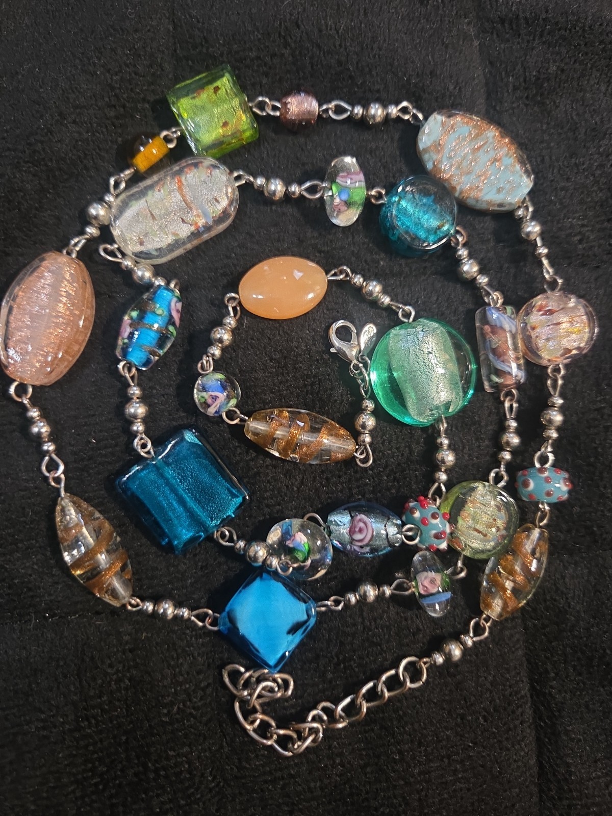 Premier Designs Necklace Venetian Foil Art Glass Long Multicolor Flapper 36″