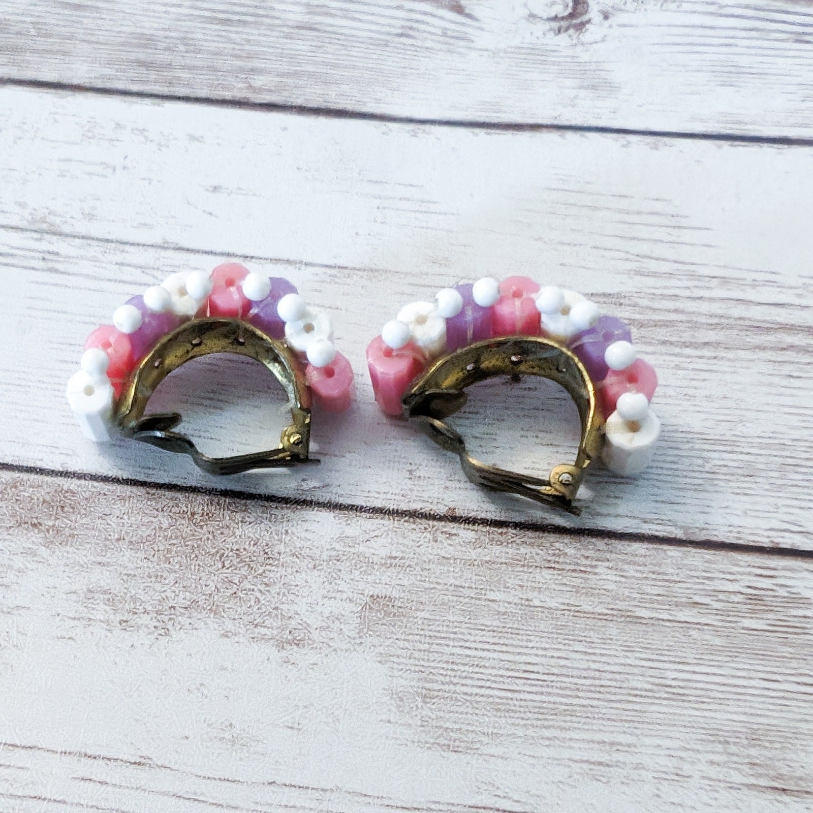 Vintage Clip On Earrings White, Purple, Pink Large Chunky Half Hoops