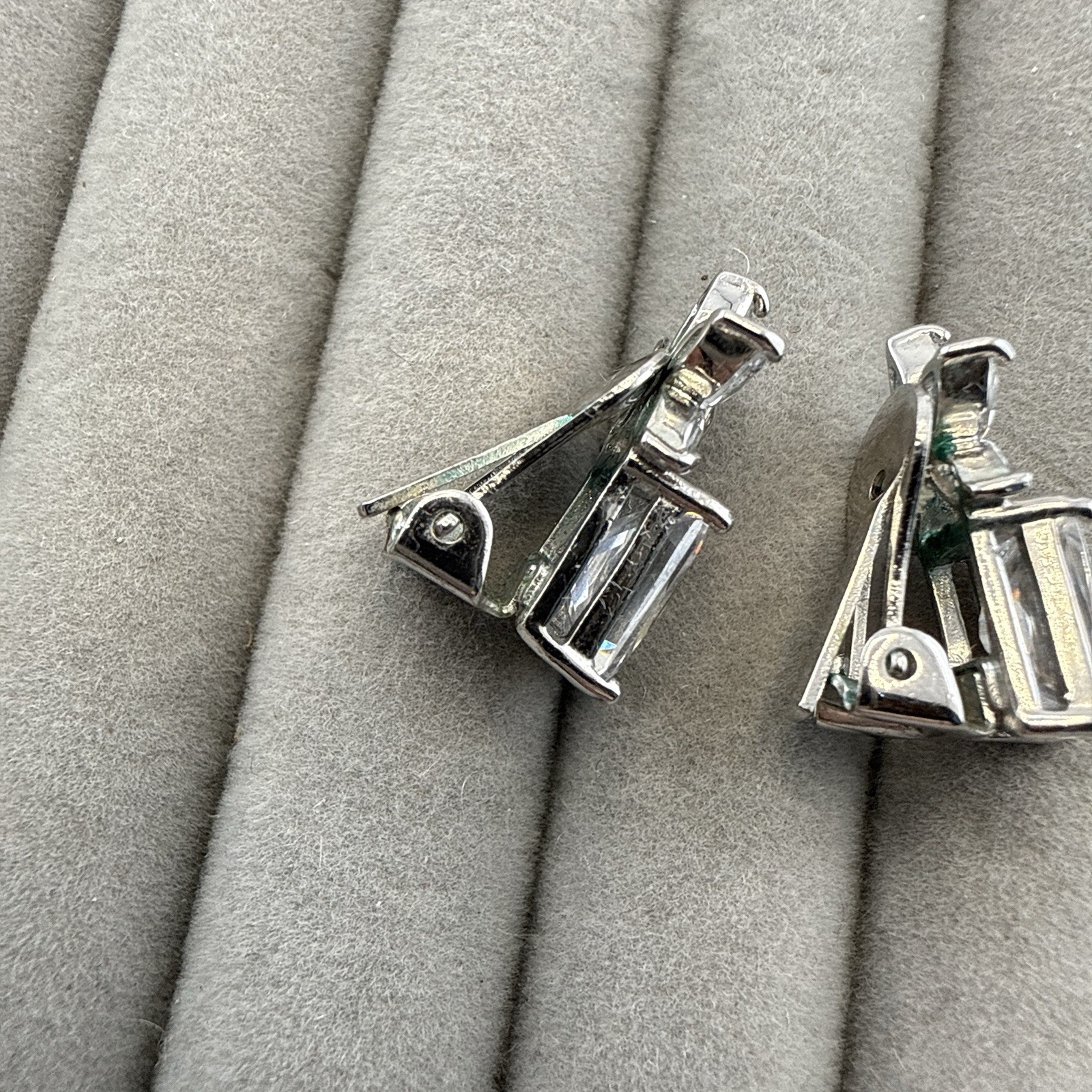 Nolan Miller Earrings Rhinestone Silver Emerald Cut Crystal CLIP ON Cocktail