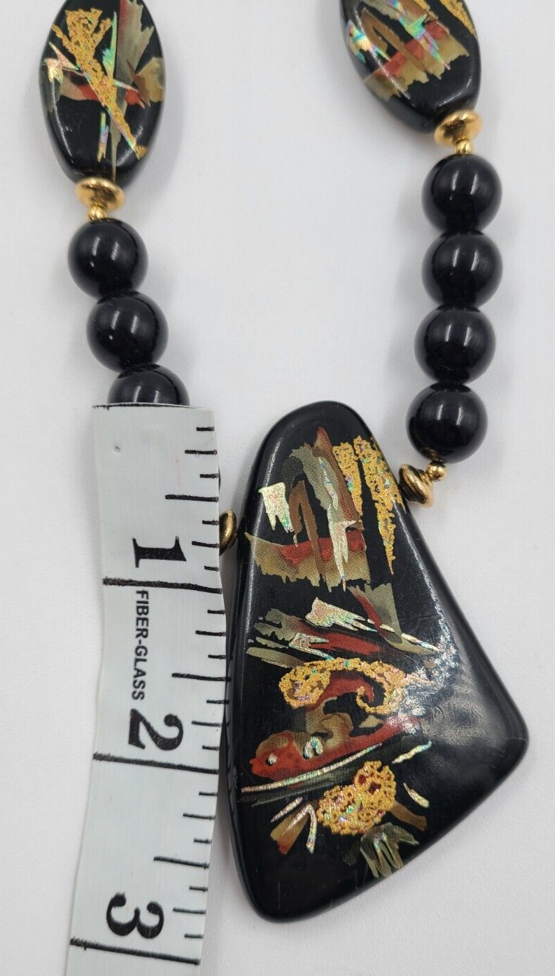 Vintage Asian Hand Painted Black/Gold/Red Lacquer Necklace Made in Japan