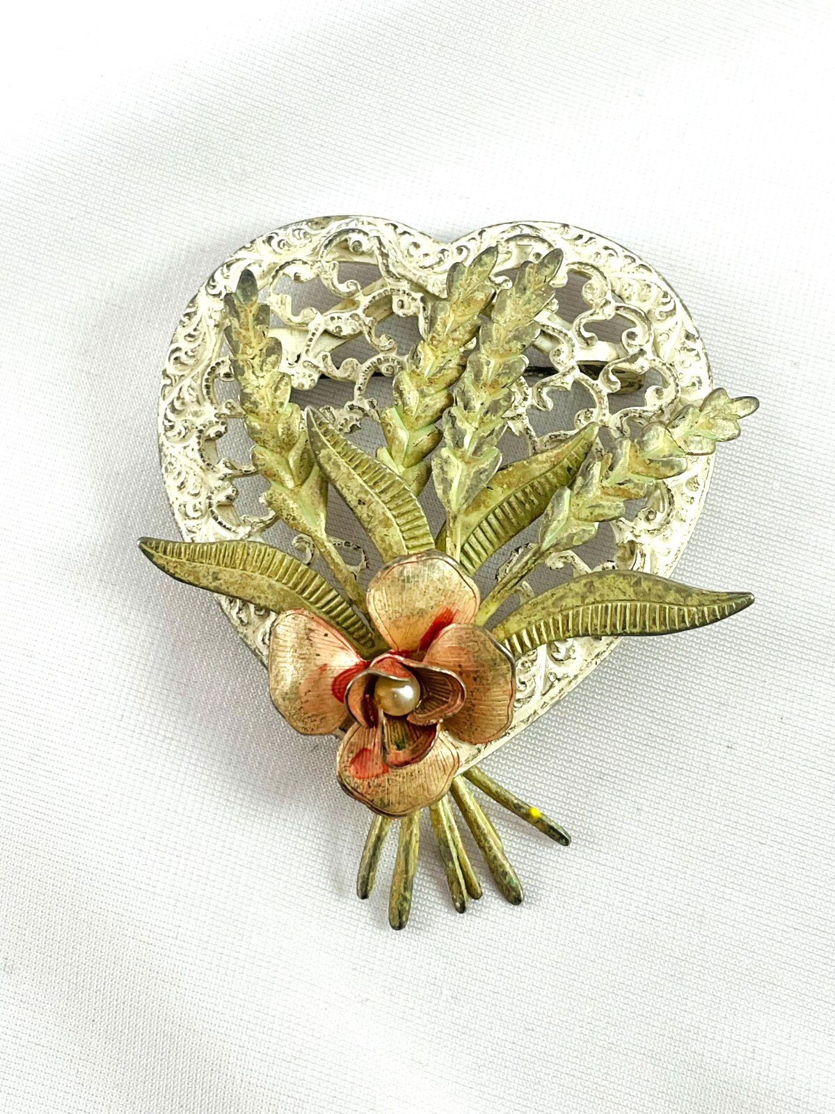 Vintage White Wash Enamel Heart Floral Spray Wheat Brooch Pin Stamped Layered
