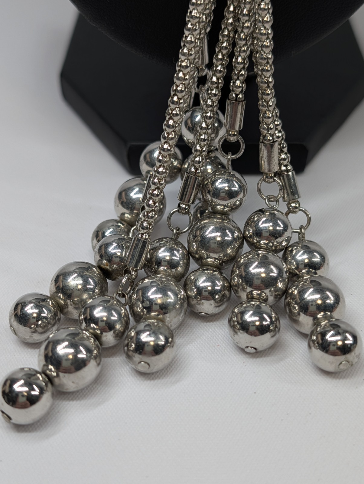 Silver Tone Multi Strand Popcorn Chain Knotted Lariat Tassel Ball Fringe Vtg