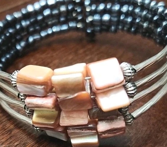 Stacked Shell Beach Bracelet Wire Wrap Abalone Natural Stones Mother of Pearl
