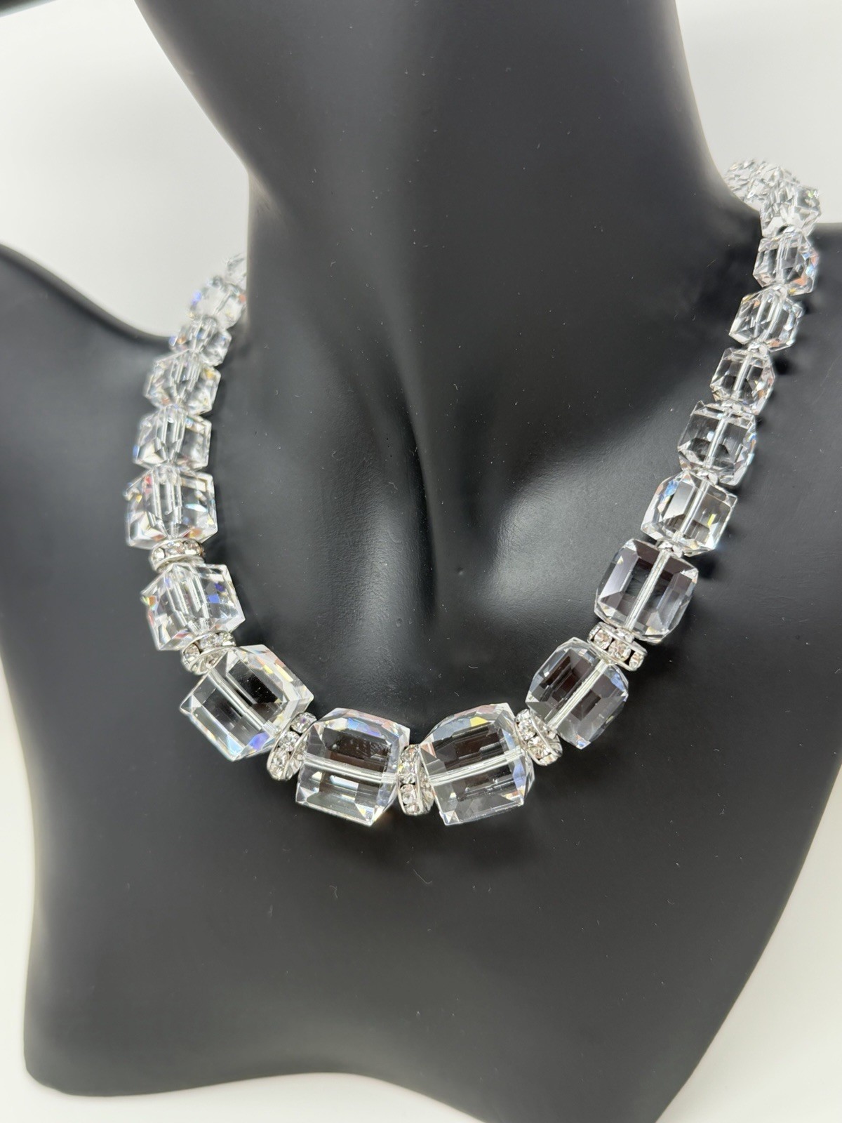 Swarovski Swan Signed Clear Emerald Cut Crystal Necklace Silver Tone 16in Read