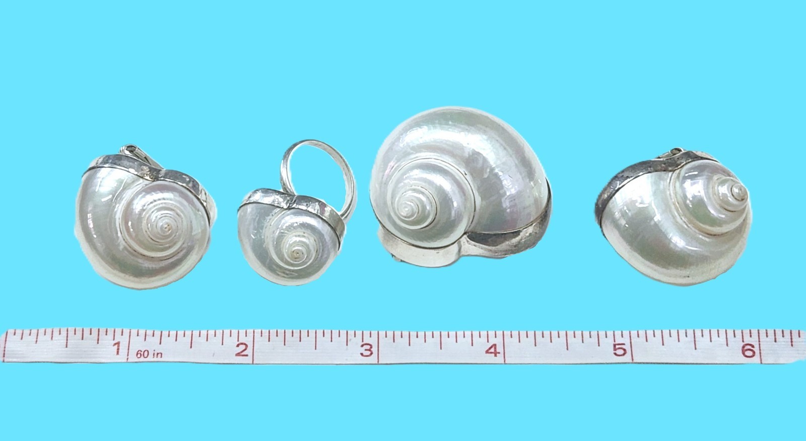 Vtg Betsy Fuller Sterling Silver Seashell Parure Set – Earrings, Brooch and Ring