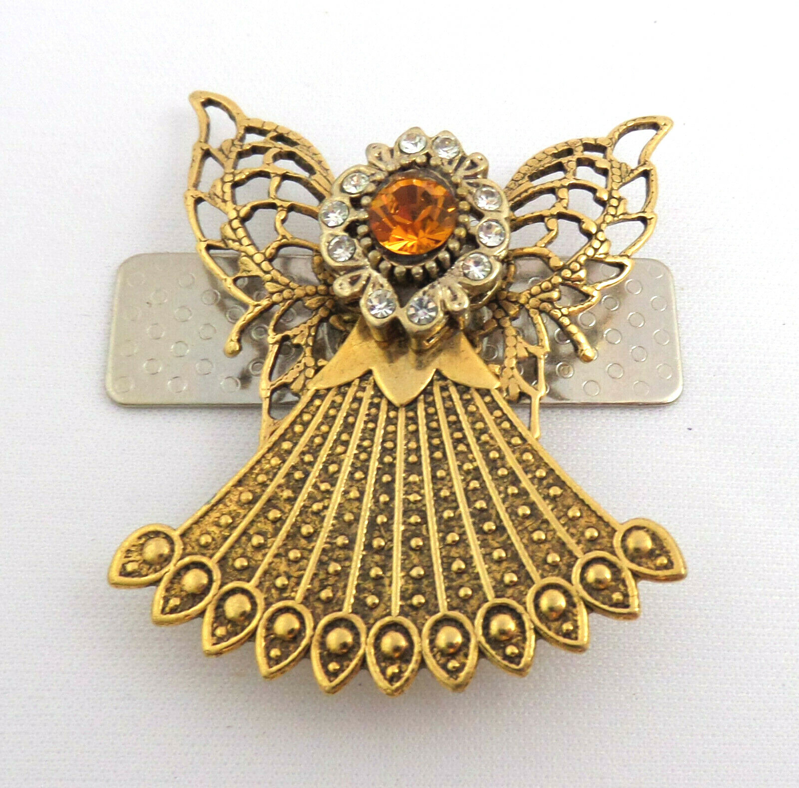 VTG Magnetic Pin Gold Plated Angel w Yellow & Clear Rhinestones Almost 2” Tall