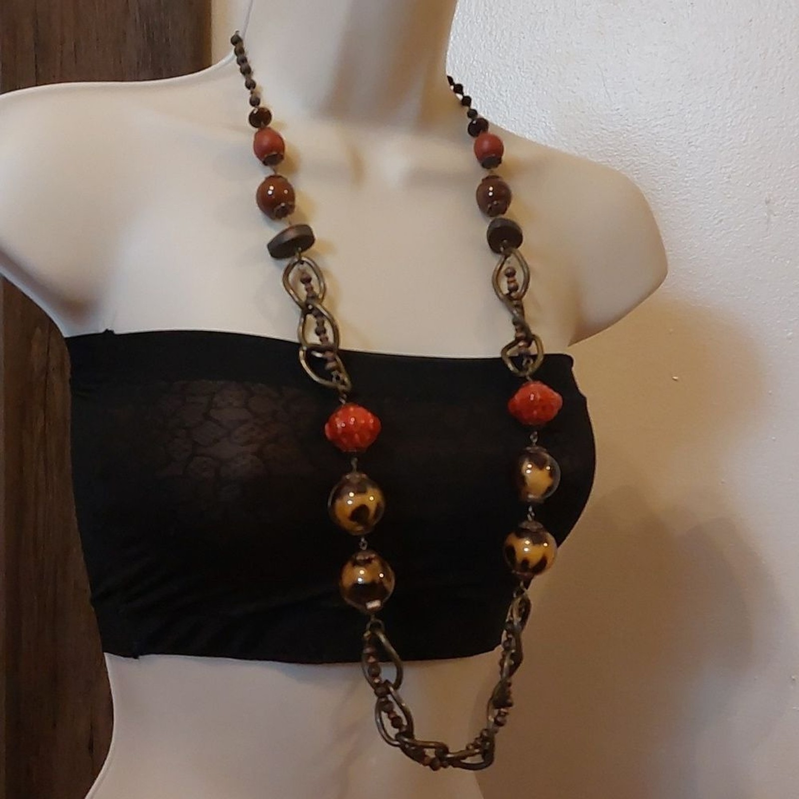 OOAK Unique Vintage Artisal Mixed Media Necklace Copper Wood Glass Ceramic