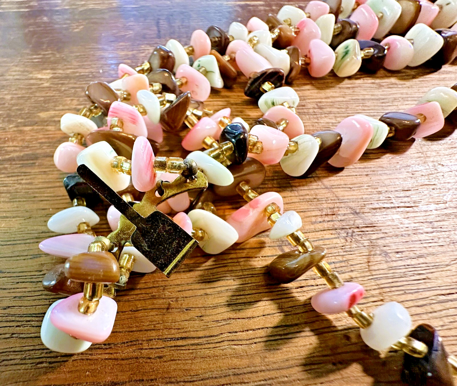 Vintage PUKA Style STONE Necklace 5 STRAND Tiger’s Eye & Pink Rose White Pastels