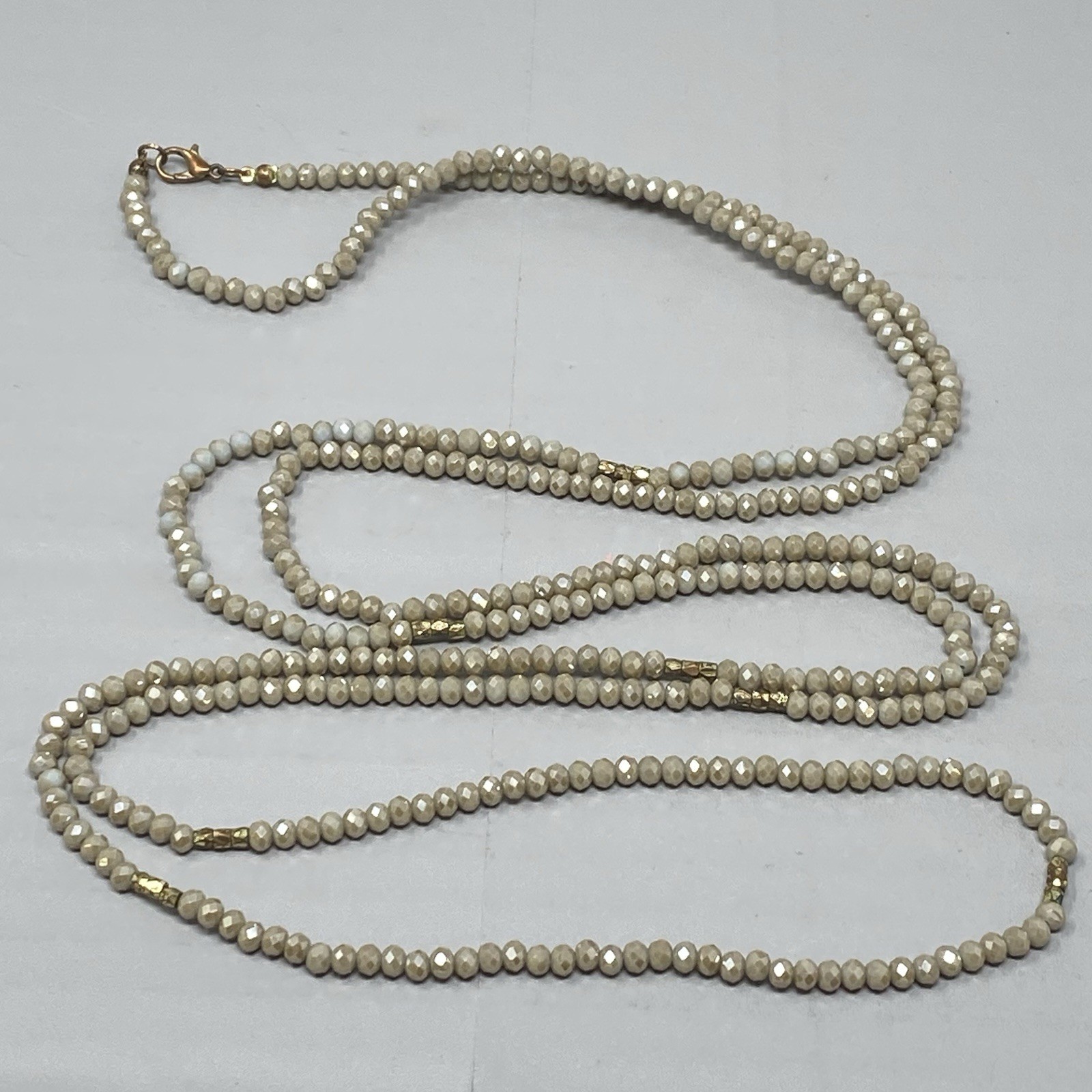Cream Fire Polished Glass Bead Necklace Surface Coated Long Tan Faceted 60″