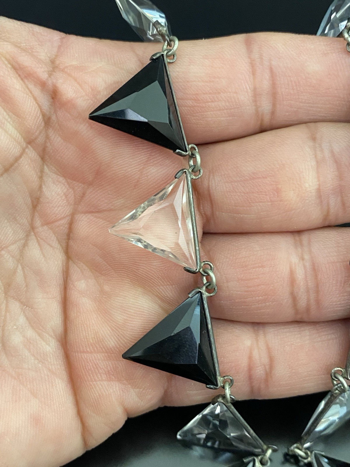 Art Deco VTG Silver Tone Trillion Cut Clear & Black Rock Quartz Choker Necklace