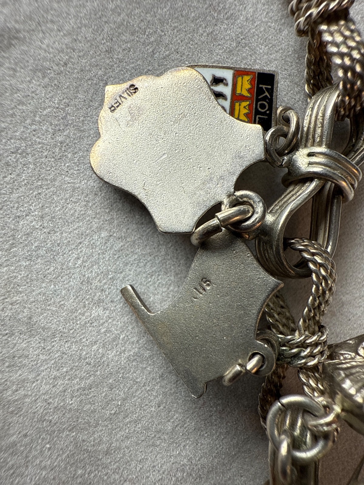 England Vtg Sterling Silver 8” charm bracelet bows Europe travel with 14 CHARMS!
