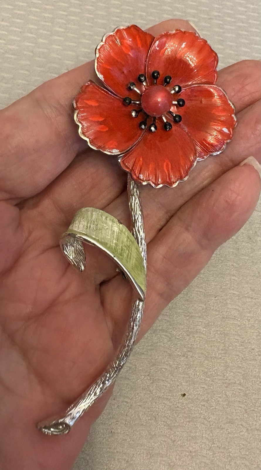 Vintage 60s Enamel Flower Power Brooch Long Stem Red Poppy Silvertone 4.25″