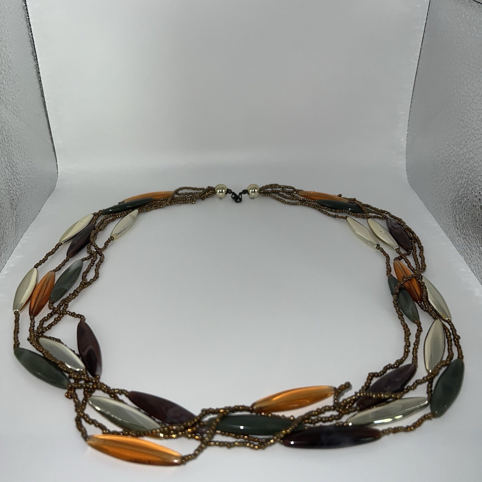 Vintage Plastic & Small Glass Beaded Necklace 32” End to End Beading Warm Colors