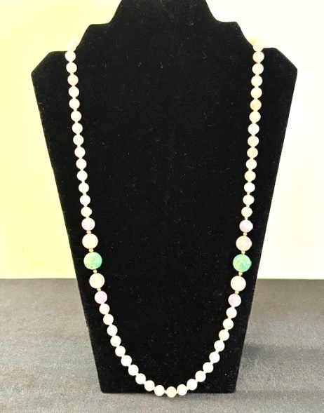 Vintage ROSE QUARTZ JADE Knotted Graduated 7mm-12mm Bead Rope Necklace 30″