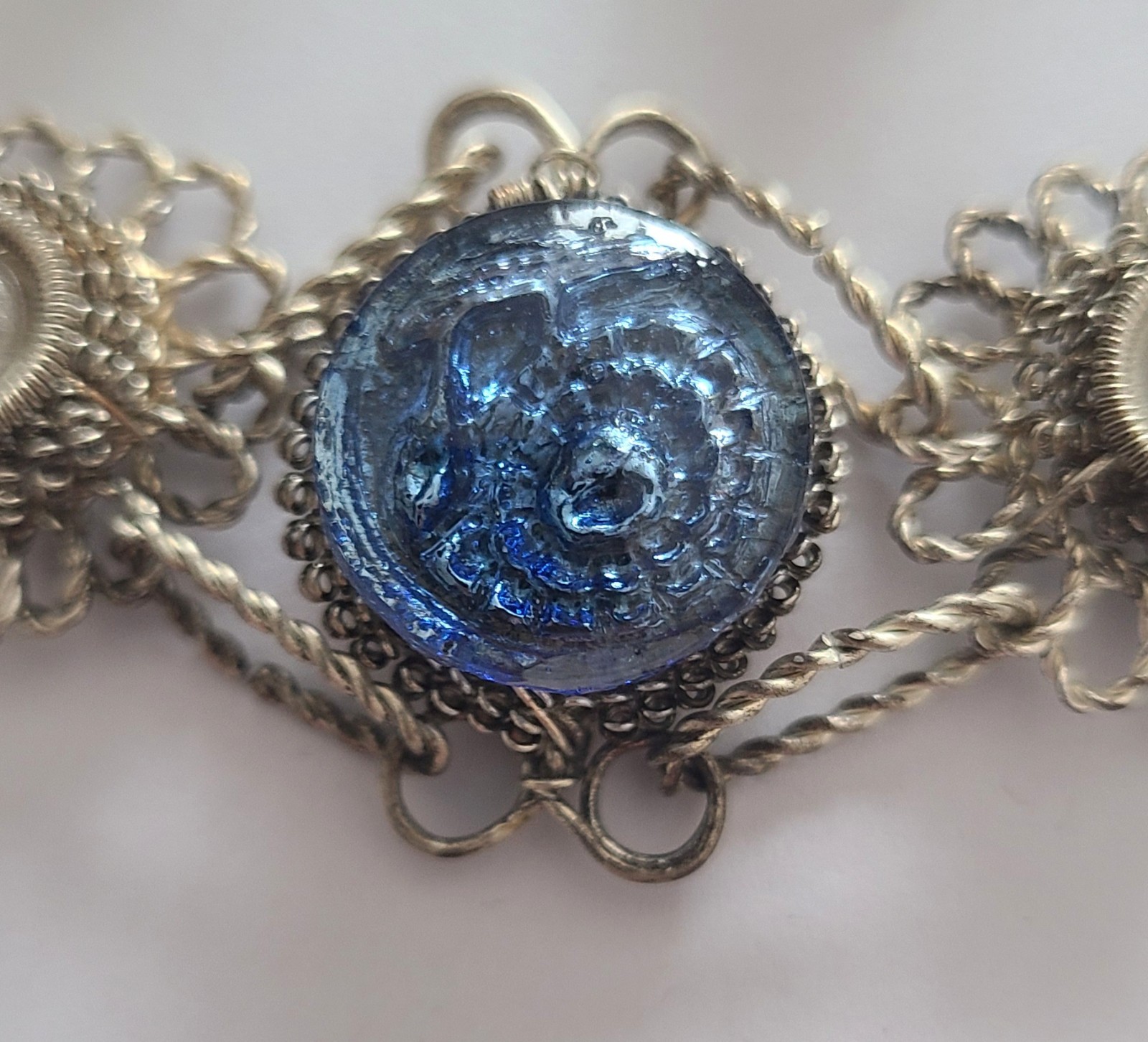 Vintage Cannetille Silver Plated Wire Bracelet And Screw Back Earrings Blue RS